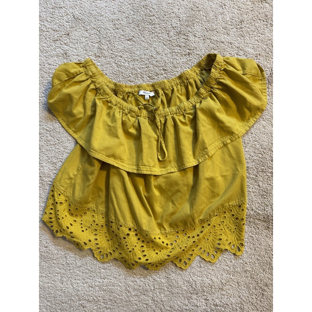 Madewell Eyelet Balcony Off-The-Shoulder Top Size Large Mustard Yellow‎